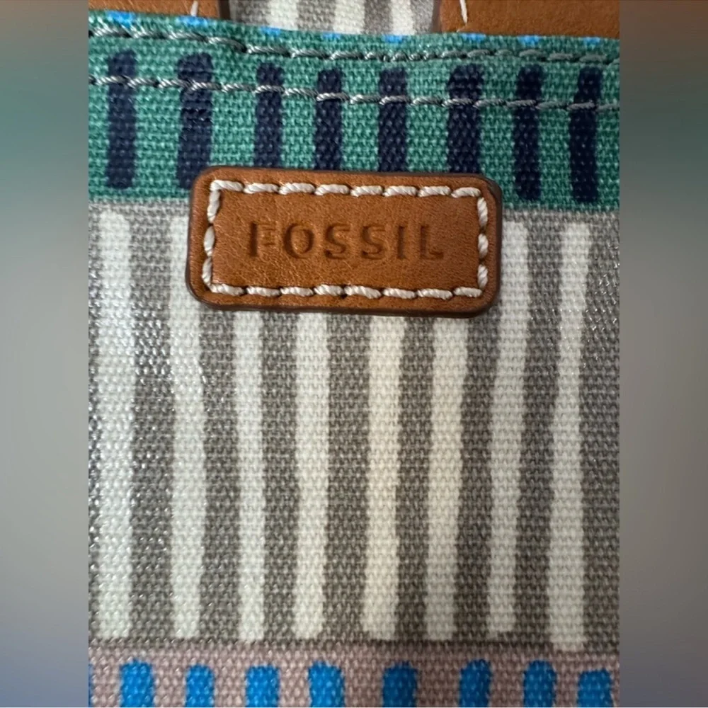 Fossil Elina Striped Coated Canvas Backpack, with Leather Trim Retail $275